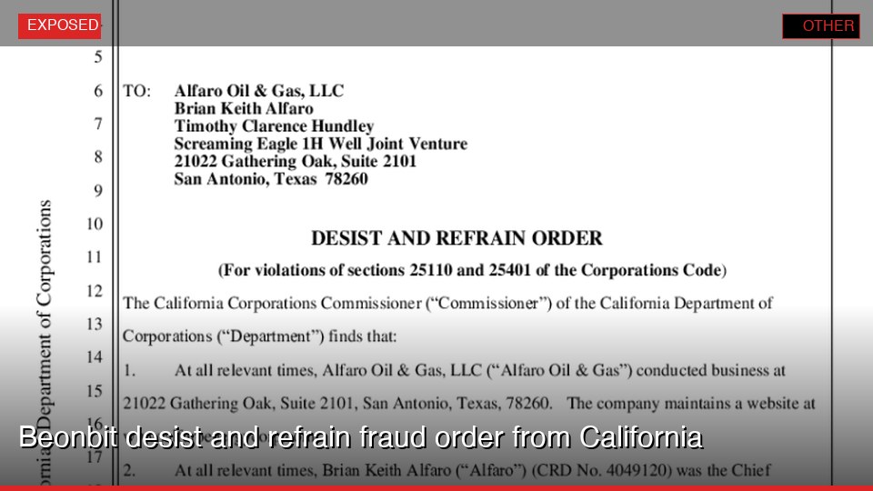 Beonbit desist and refrain fraud order from California